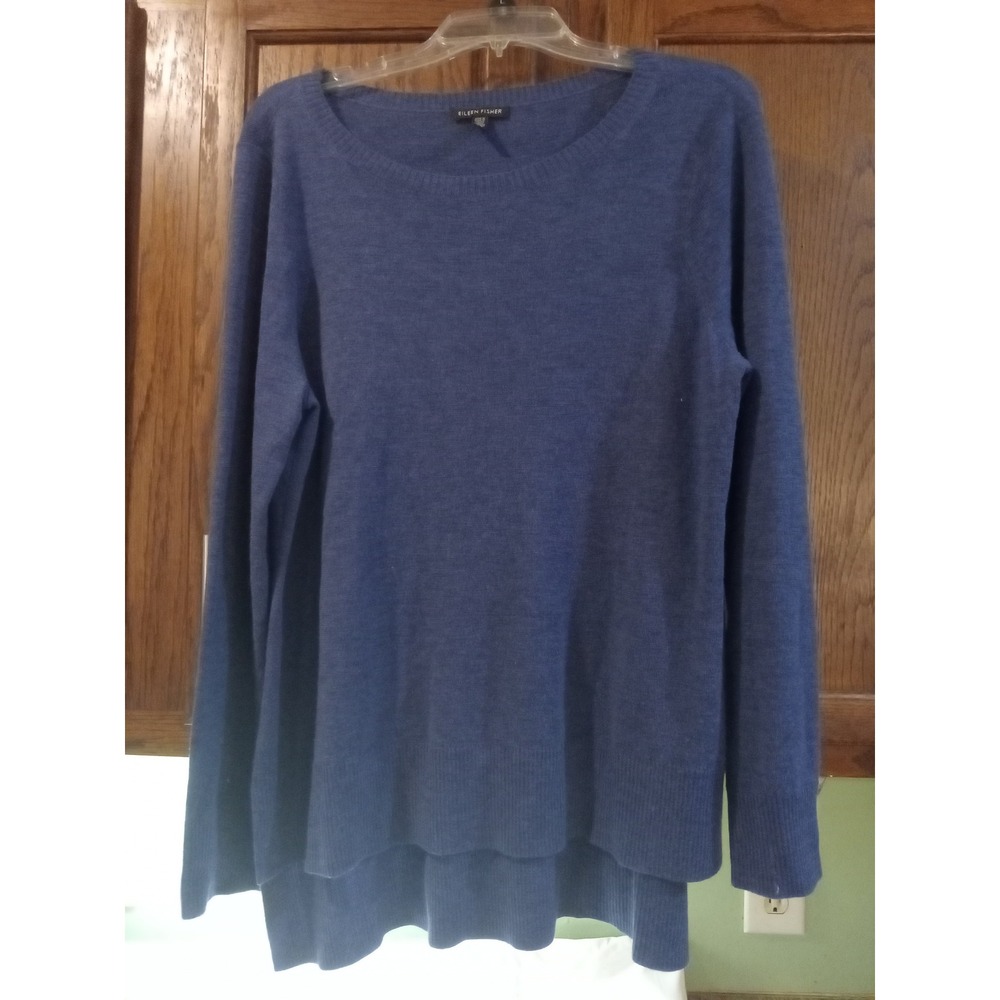 Eileen Fisher Blue 100% Merino Wool Crew Neck High-Low Sweater Large L